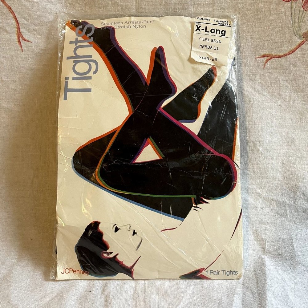 80s Vintage Navy Blue JCPenney Seamless Arresta-Run Nylon Tights X-Long 1 Pair